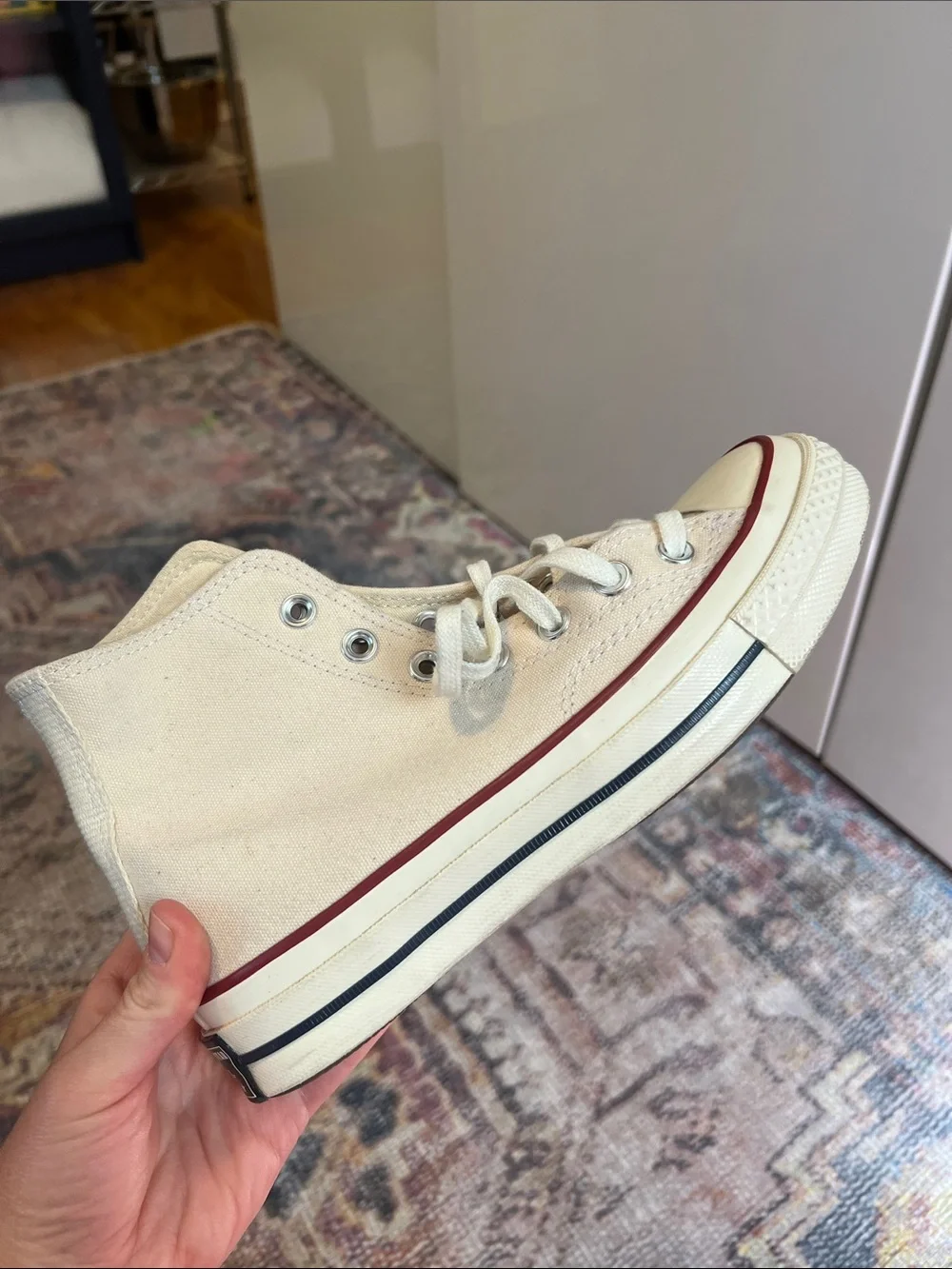 Converse High-Top Sneakers in Cream with Burgundy Stripe